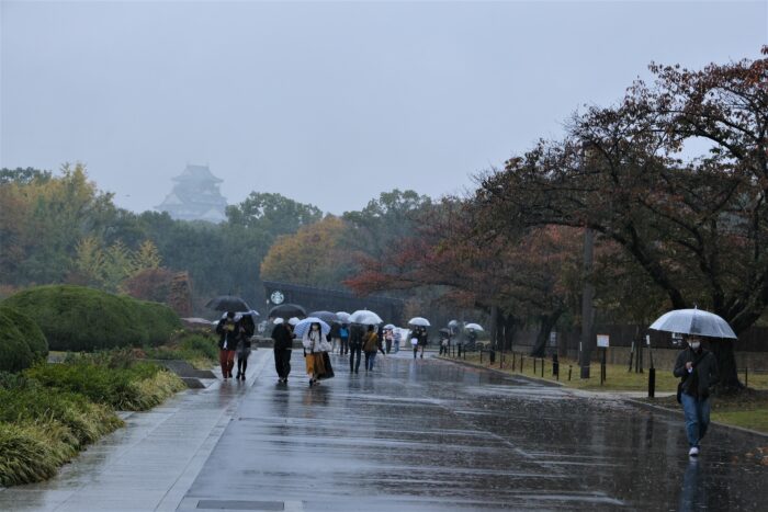 大阪城　雨の紅葉の写真　Photo